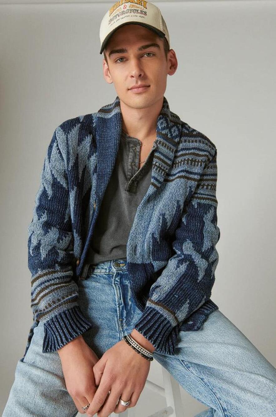 LUCKY BRAND Men's Southwestern Print Shawl Cardigan Size L In Dark Denim Combo